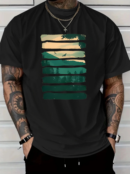 Men's Graphic T-Shirt Sunset Forest Landscape With Birds And Tall Pine Trees