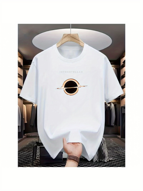 Men's Graphic T-Shirt Minimalist Cosmic Ring With Glowing Shadows And Golden Halo Planet