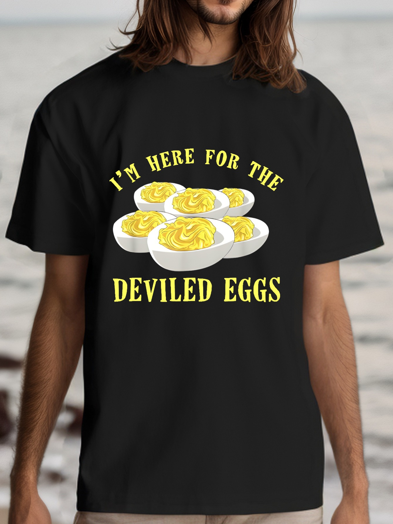 Men's Graphic T-Shirt Im Here For The Deviled Eggs On Plate Surrounded By Sliced Egg Yolks Deviled Eggs