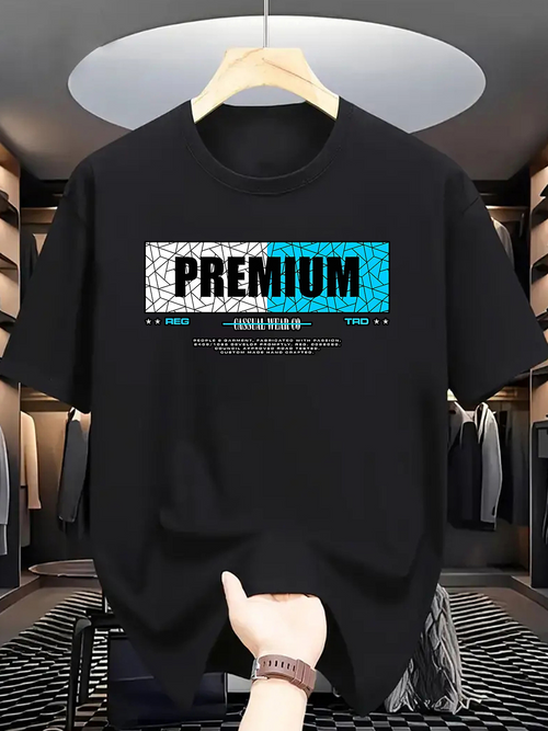 Men's Graphic T-Shirt Premium Block Print With Blue Geometric Pattern Lettering