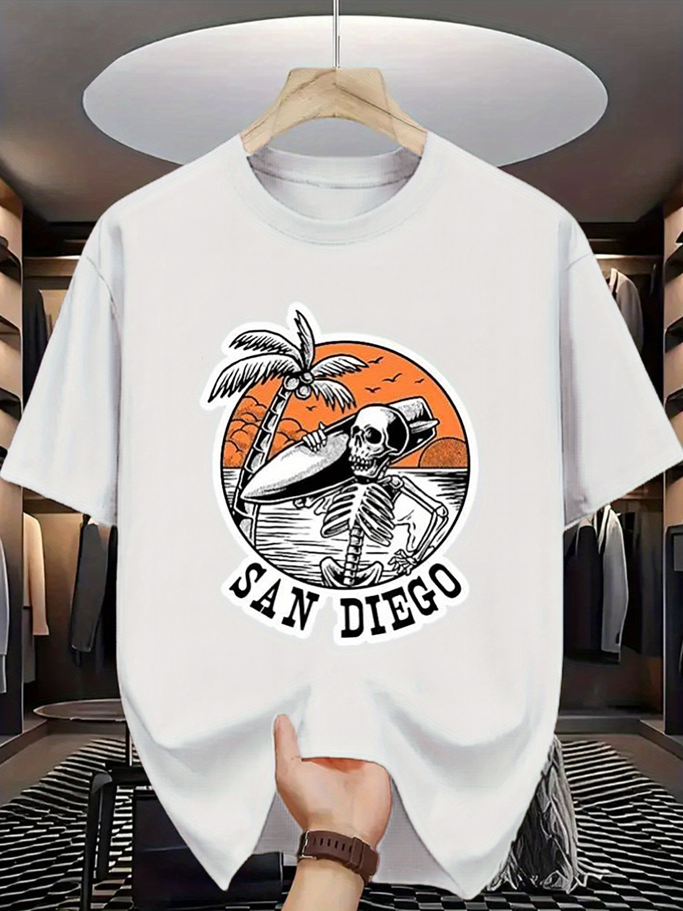 Men's Graphic T-Shirt San Diego Retro Sunset With Skeleton Surfing Palm Tree Beach
