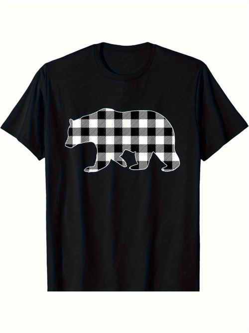 Men's Graphic T-Shirt Classic Plaid Pattern With Checkered Texture Silhouette Of Walking Bear