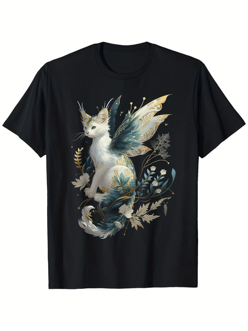 Men's Graphic T-Shirt Mystical Garden With Leaves Surrounding A Whimsical Fairy Cat
