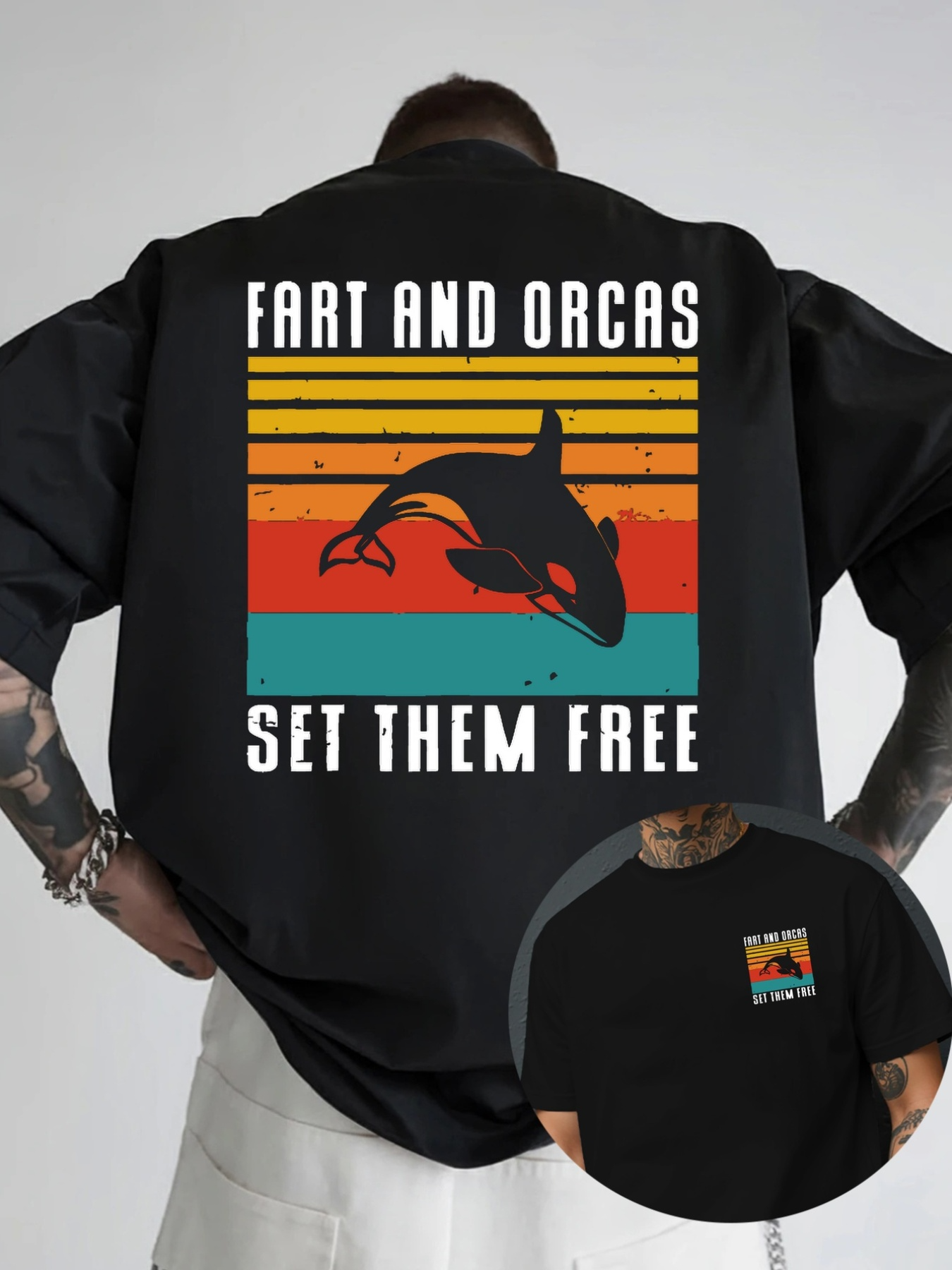 Men's Graphic T-Shirt Fart And Orcas Set Them Free Retro Striped Wild Ocean Orca