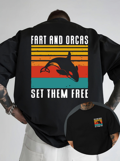 Men's Graphic T-Shirt Fart And Orcas Set Them Free Retro Striped Wild Ocean Orca