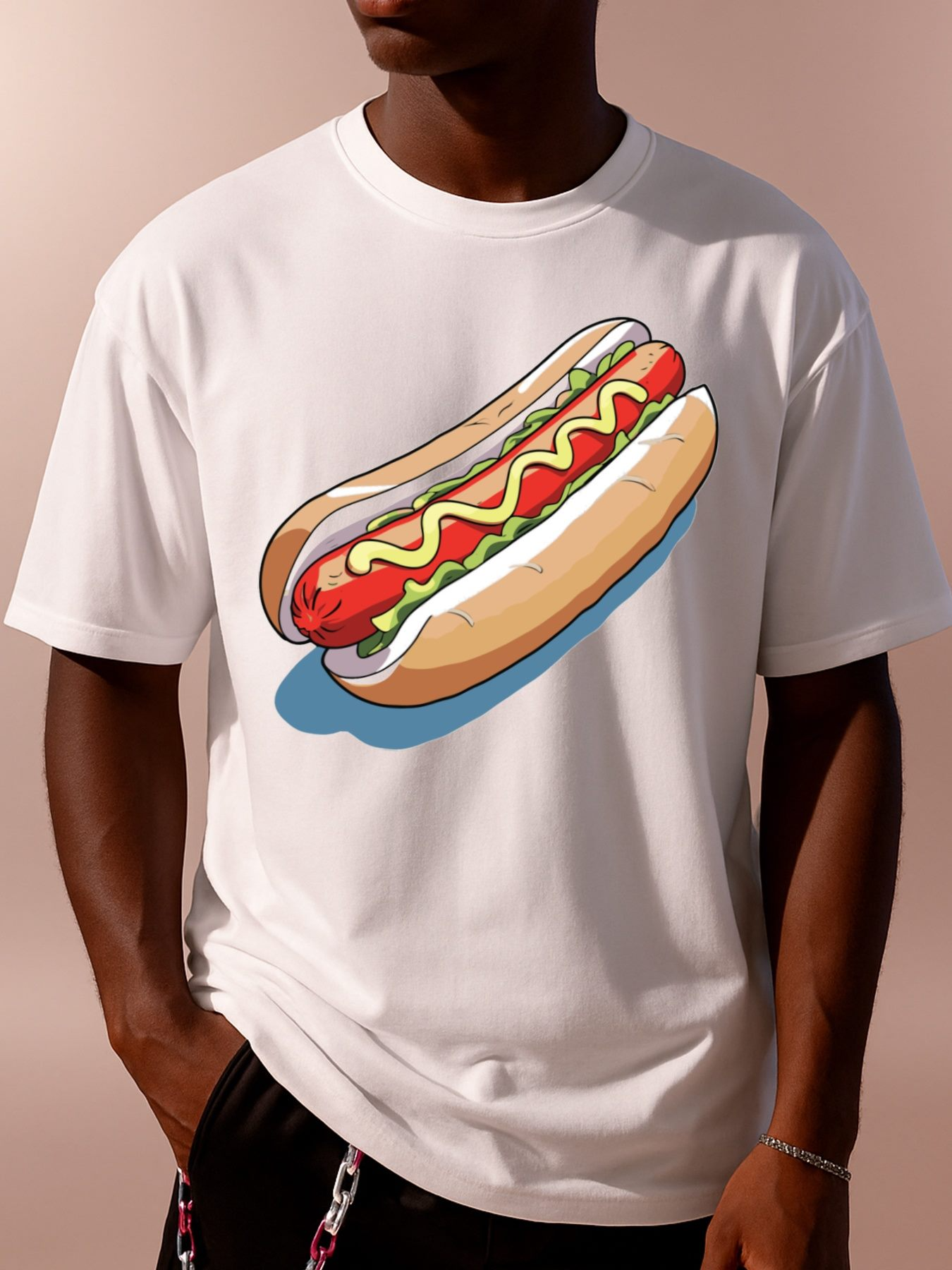 Men's Graphic T-Shirt Vivid Cartoon Style With Mustard And Ketchup Hot Dog