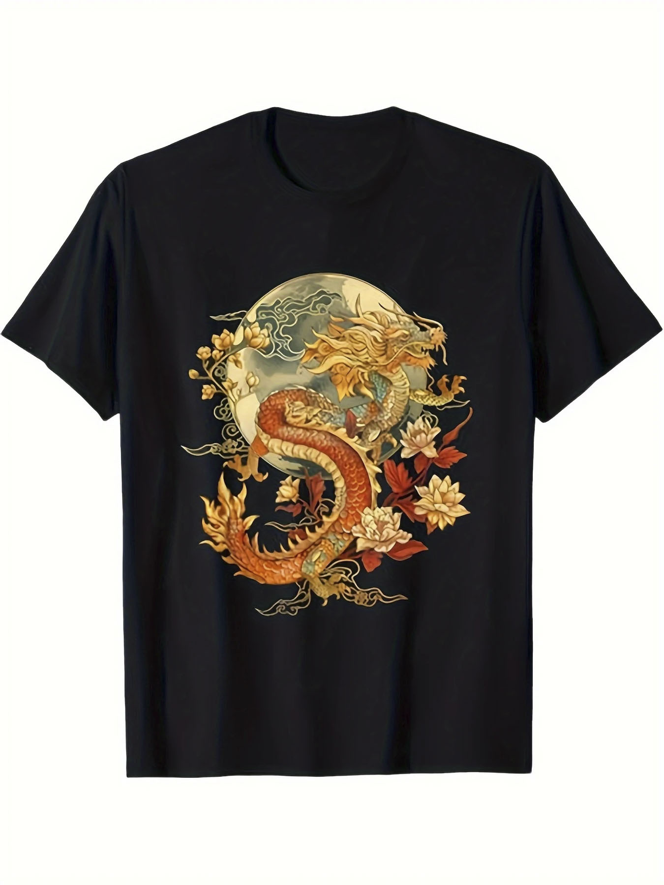 Men's Graphic T-Shirt Vibrant Golden Scales Among Fiery Clouds And Ancient Blossoms Dragon