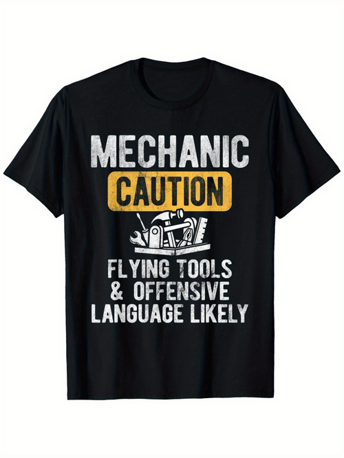 Men's Graphic T-Shirt Mechanic Caution Warning With Tools And Wording Surrounded By Signs