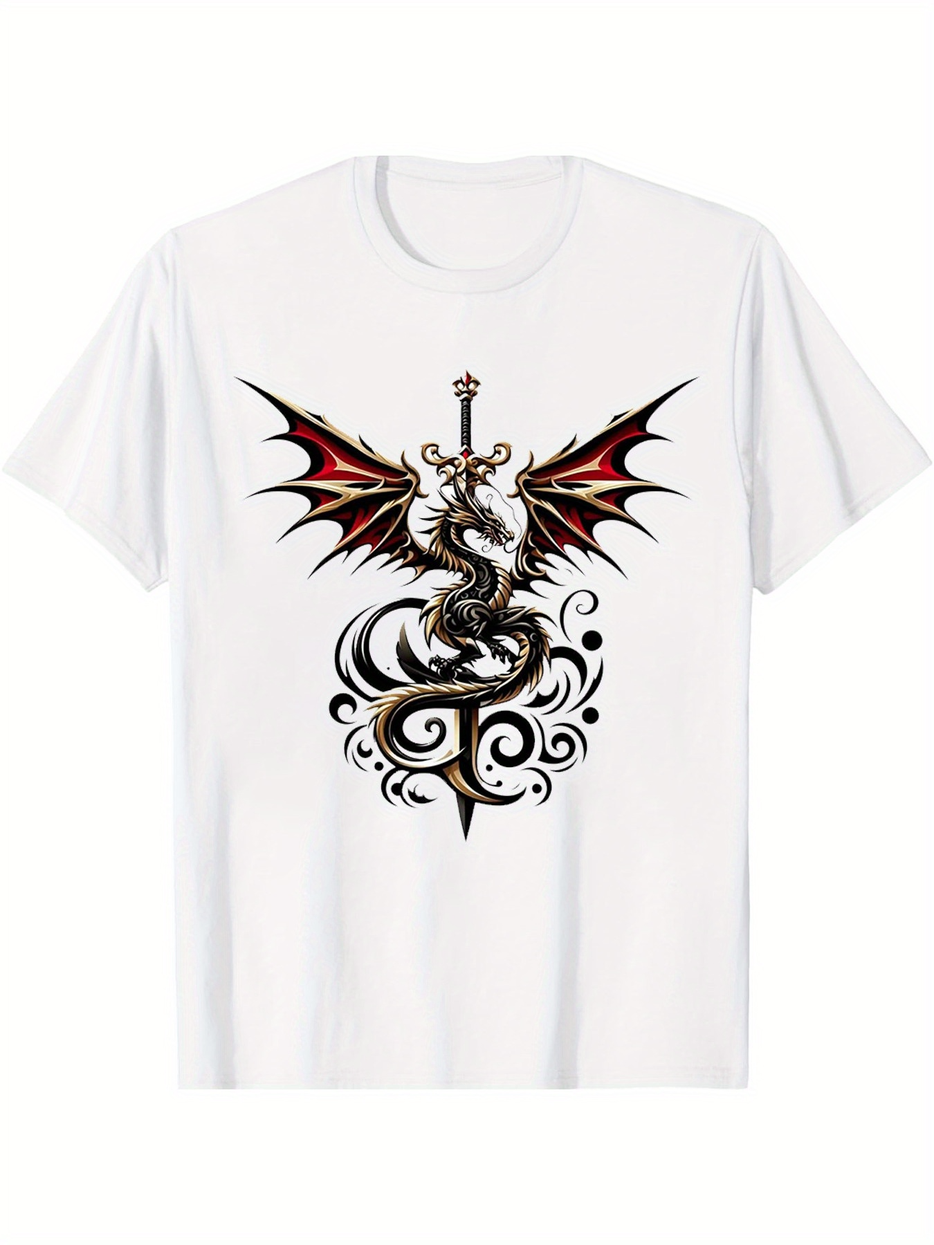 Men's Graphic T-Shirt Baroque Swirls And Sword Under Ferocious Winged Dragon