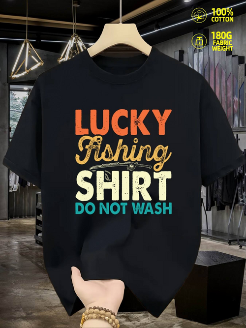 Men's Graphic T-Shirt Lucky Fishing Shirt Colorful Letters On Black Cotton Tee