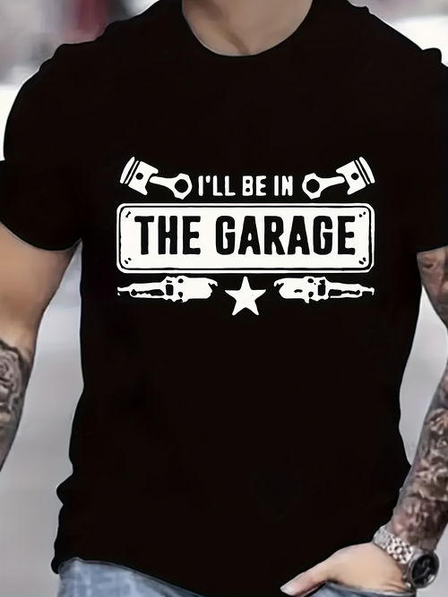 Men's Graphic T-Shirt Ill Be In The Garage With Pistons Wrenches And Classic License Plate Star