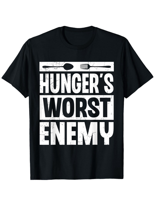 Men's Graphic T-Shirt Hungers Worst Enemy Bold White Text With Spoon And Fork Utensil Motif Shirt