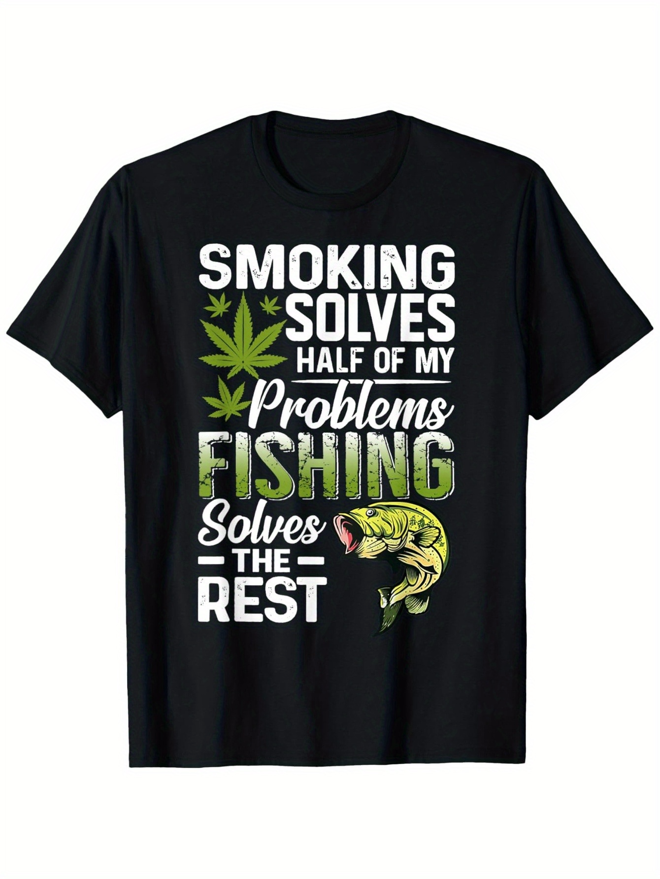Men's Graphic T-Shirt Smoking Solves Problems Green Leaves With Jumping Largemouth Bass Fishing