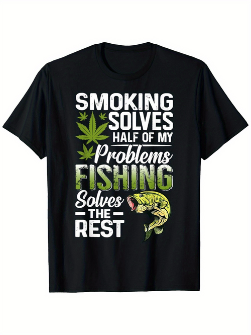 Men's Graphic T-Shirt Smoking Solves Problems Green Leaves With Jumping Largemouth Bass Fishing