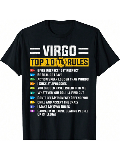 Men's Graphic T-Shirt Virgo Top 10 Rules Bold Colorful Horoscope Statement Shirt