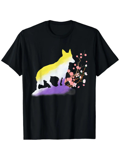 Men's Graphic T-Shirt Colorful Ink Gradient With Blossoms And Silhouette Fox
