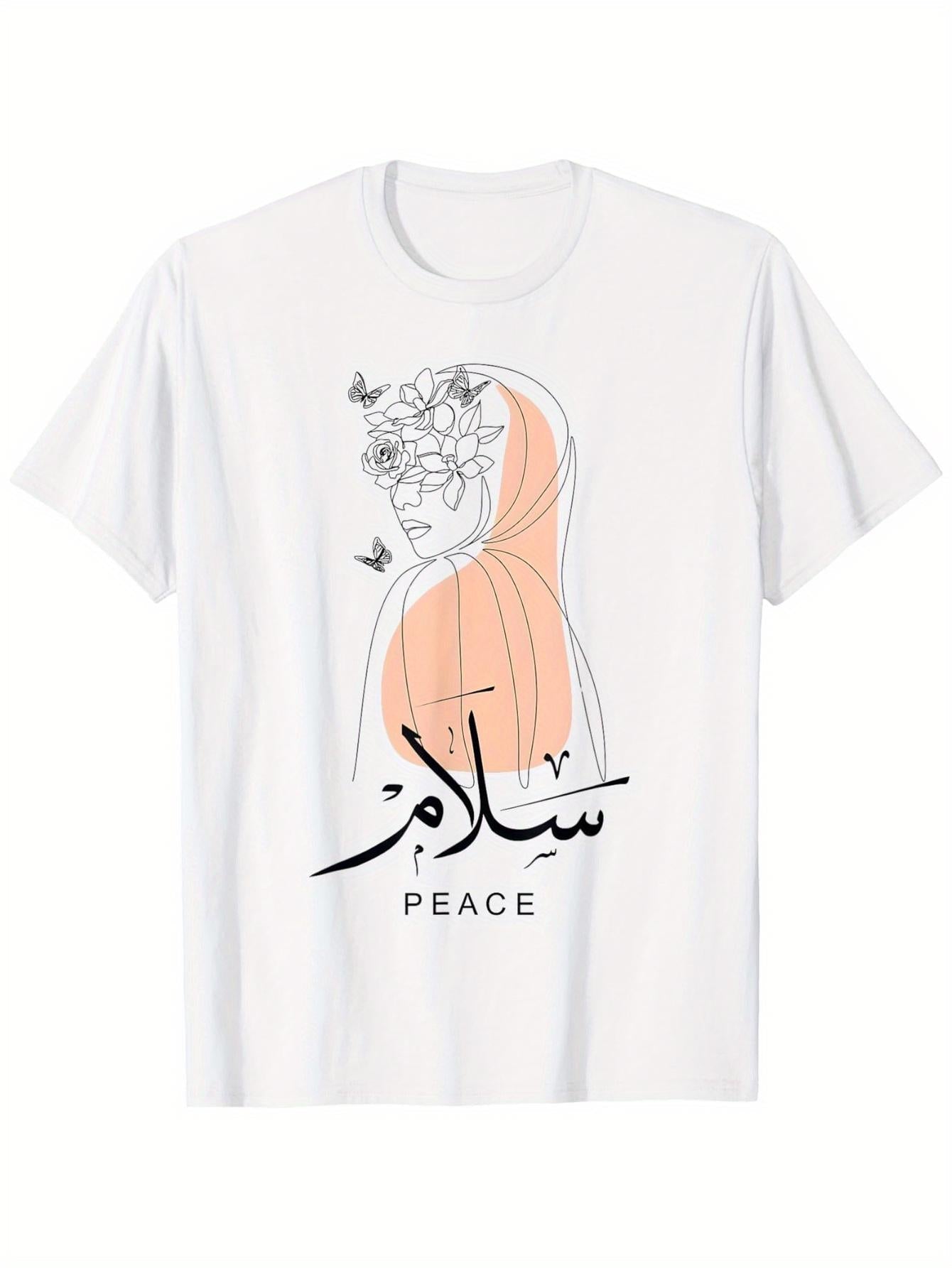 Women's Graphic T-Shirt Peace Line Art With Blossoms Butterflies And Flowing Hijab Woman