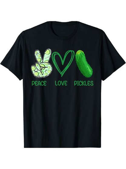 Men's Graphic T-Shirt Peace Love Green Heart With Hand And Pickle