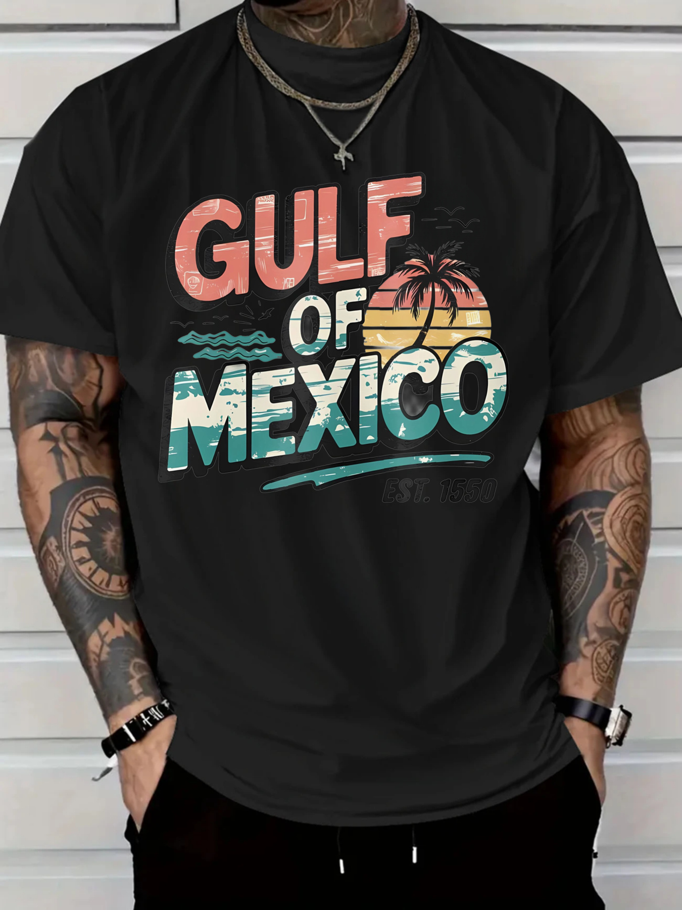 Men's Graphic T-Shirt Gulf Of Mexico Retro Sunset With Palm Tree And Wavy Water Scene