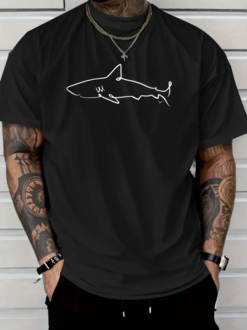 Men's Graphic T-Shirt Minimal Line Art Style Swimming Shark Silhouette On Solid Black Shark