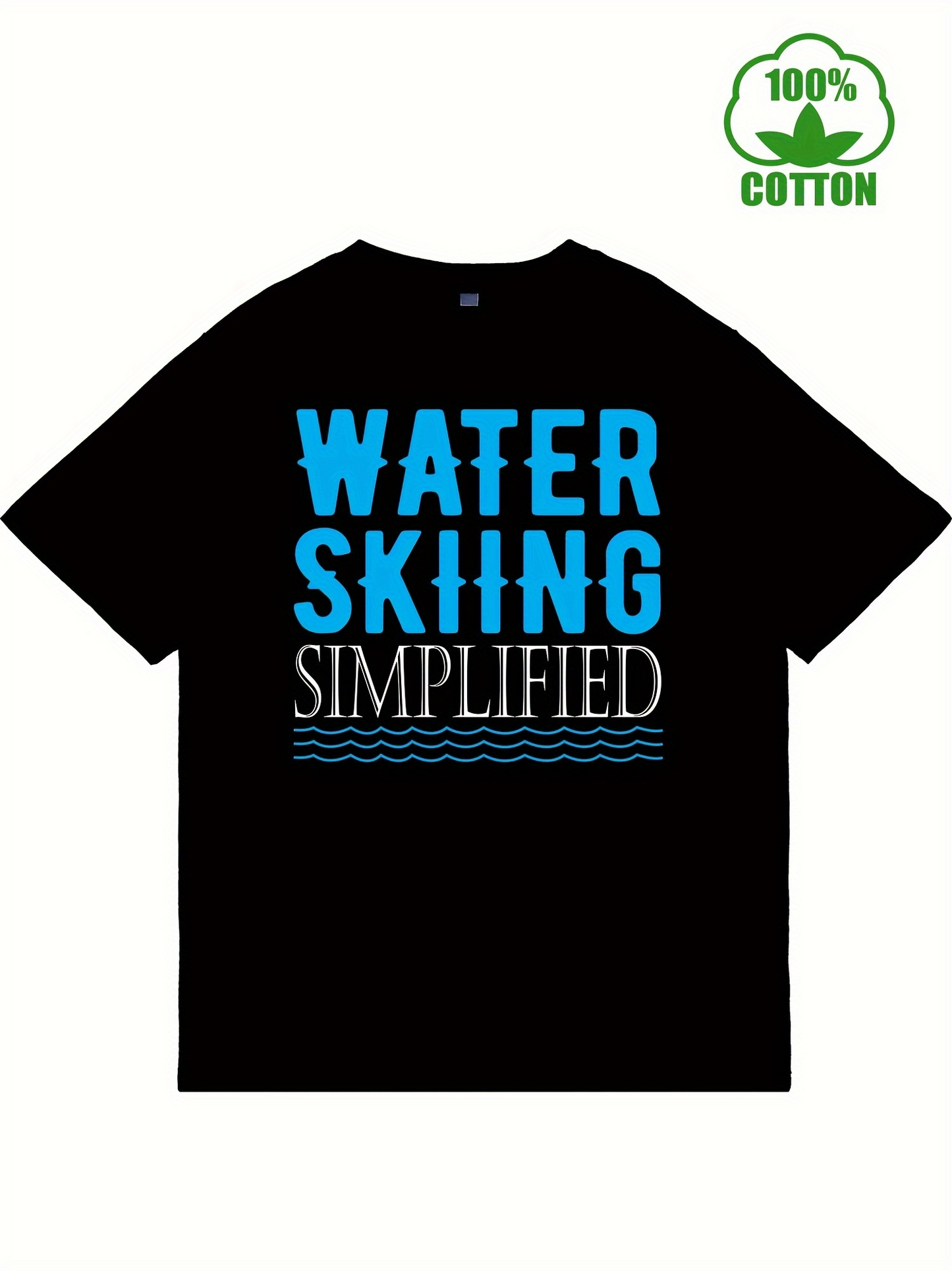 Men's Graphic T-Shirt Water Skiing Simplified Blue Letters On Plain Black Cotton T Shirt