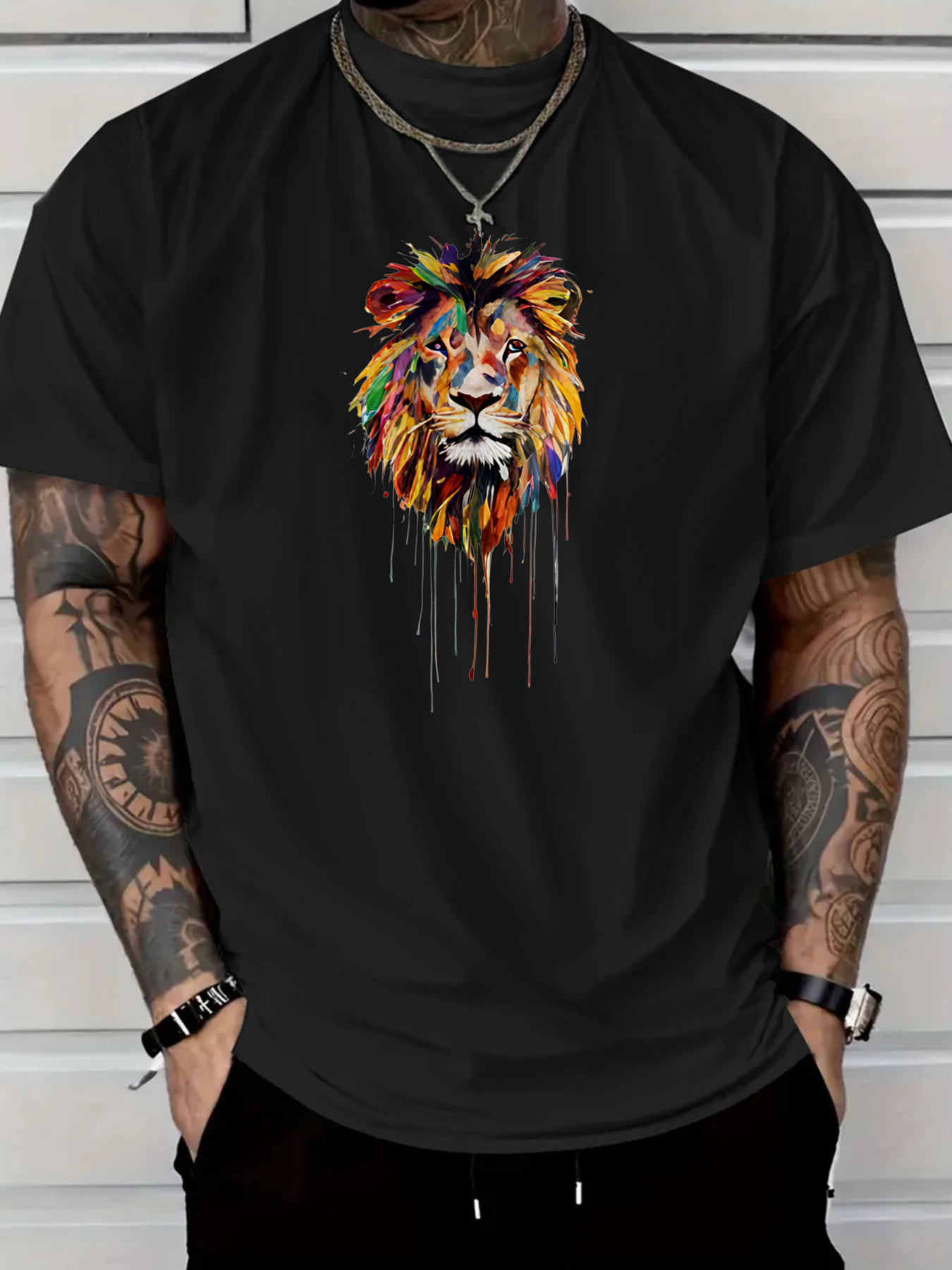 Men's Graphic T-Shirt Vivid Abstract Strokes With Colorful Expressionist Portrait Of Majestic Lion