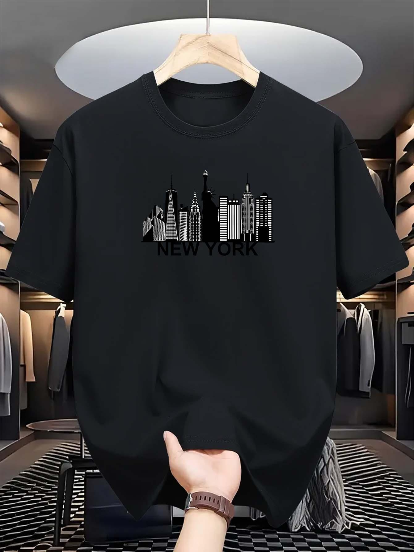 Men's Graphic T-Shirt New York City Buildings With Shimmering Lights Under Dark Sky Skyline
