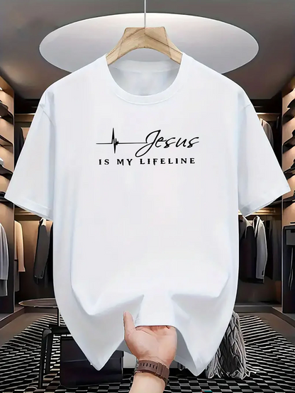 Men's Graphic T-Shirt Jesus Is My Lifeline Bold Script Letters With Minimalist Heartbeat Line