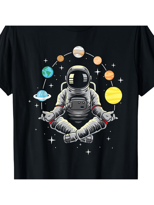 Men's Graphic T-Shirt Meditating Astronaut With Colorful Orbiting Planets And Shining Stars Surrounding Space