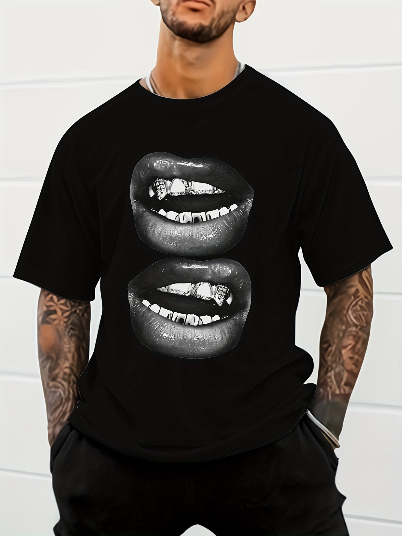 Men's Graphic T-Shirt Abstract Black And White Graphic Smiling Mouths With Shiny Teeth