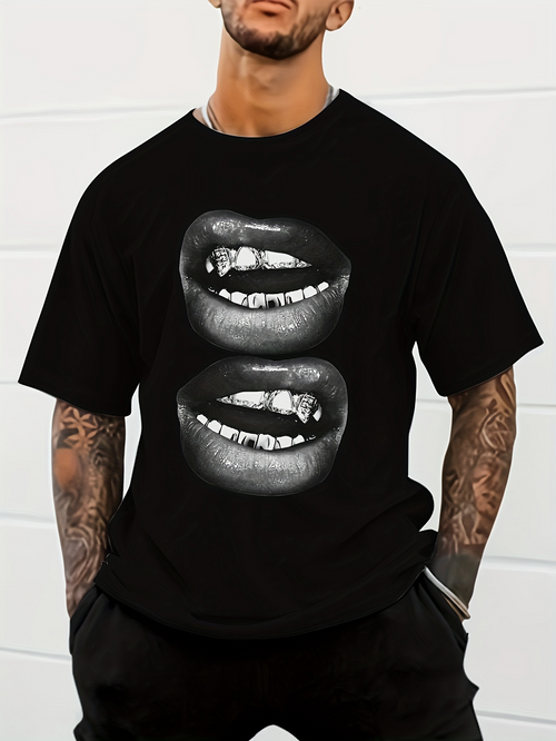 Men's Graphic T-Shirt Abstract Black And White Graphic Smiling Mouths With Shiny Teeth