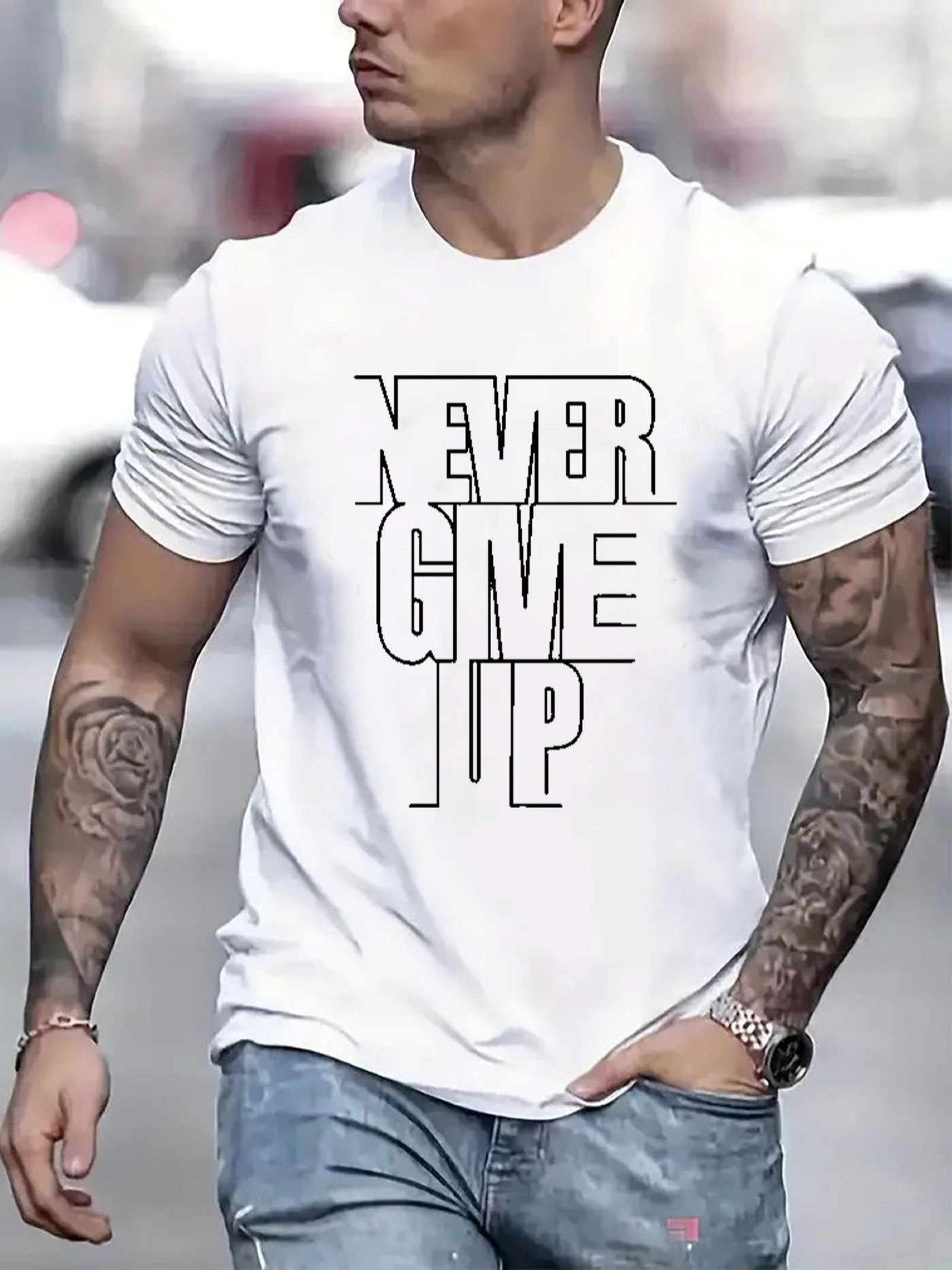 Men's Graphic T-Shirt Never Give Up Black Minimalist Lettering On White Shirt