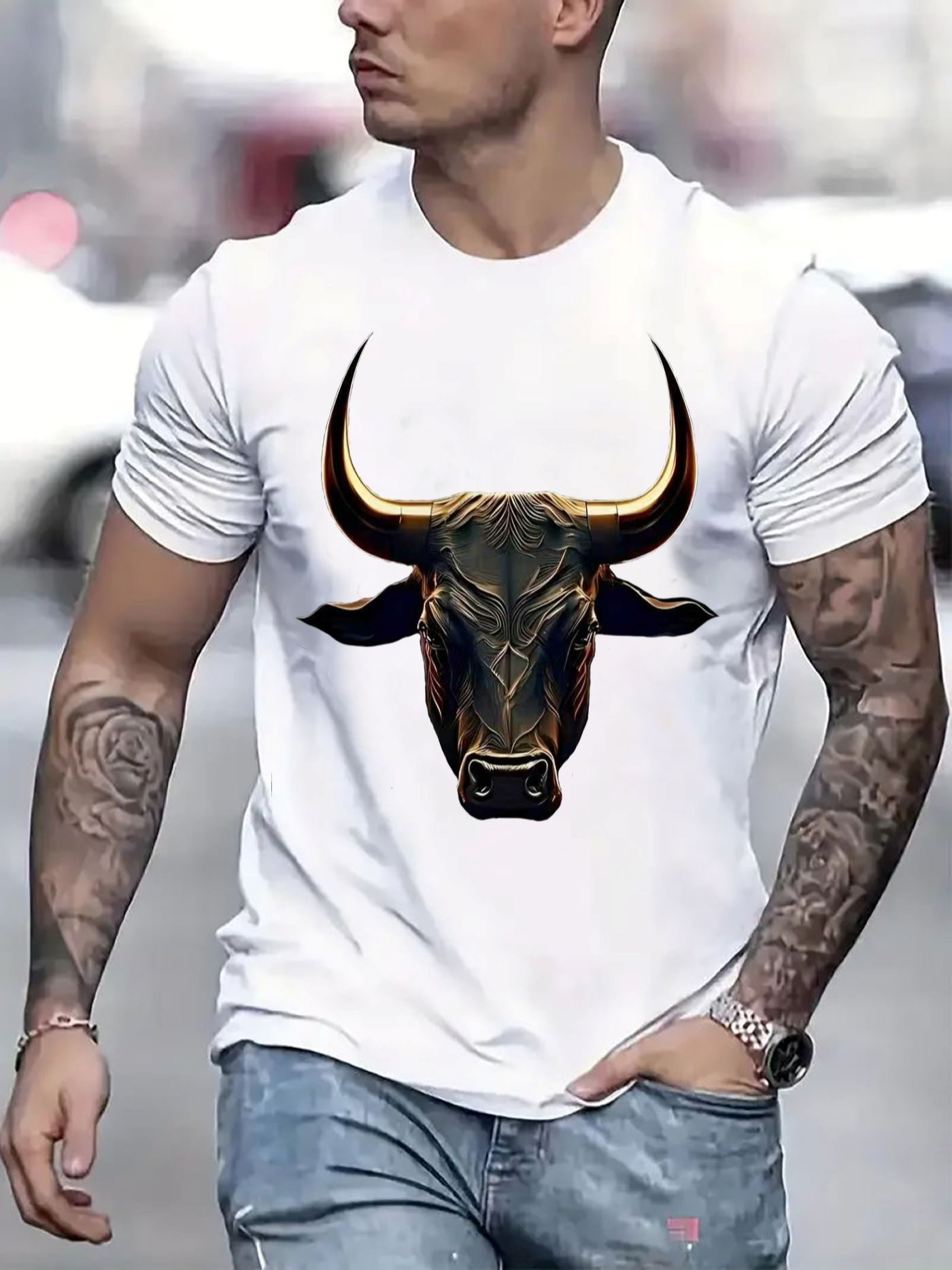 Men's Graphic T-Shirt Fierce Golden Glow Accented Abstract Artistic Bull Head