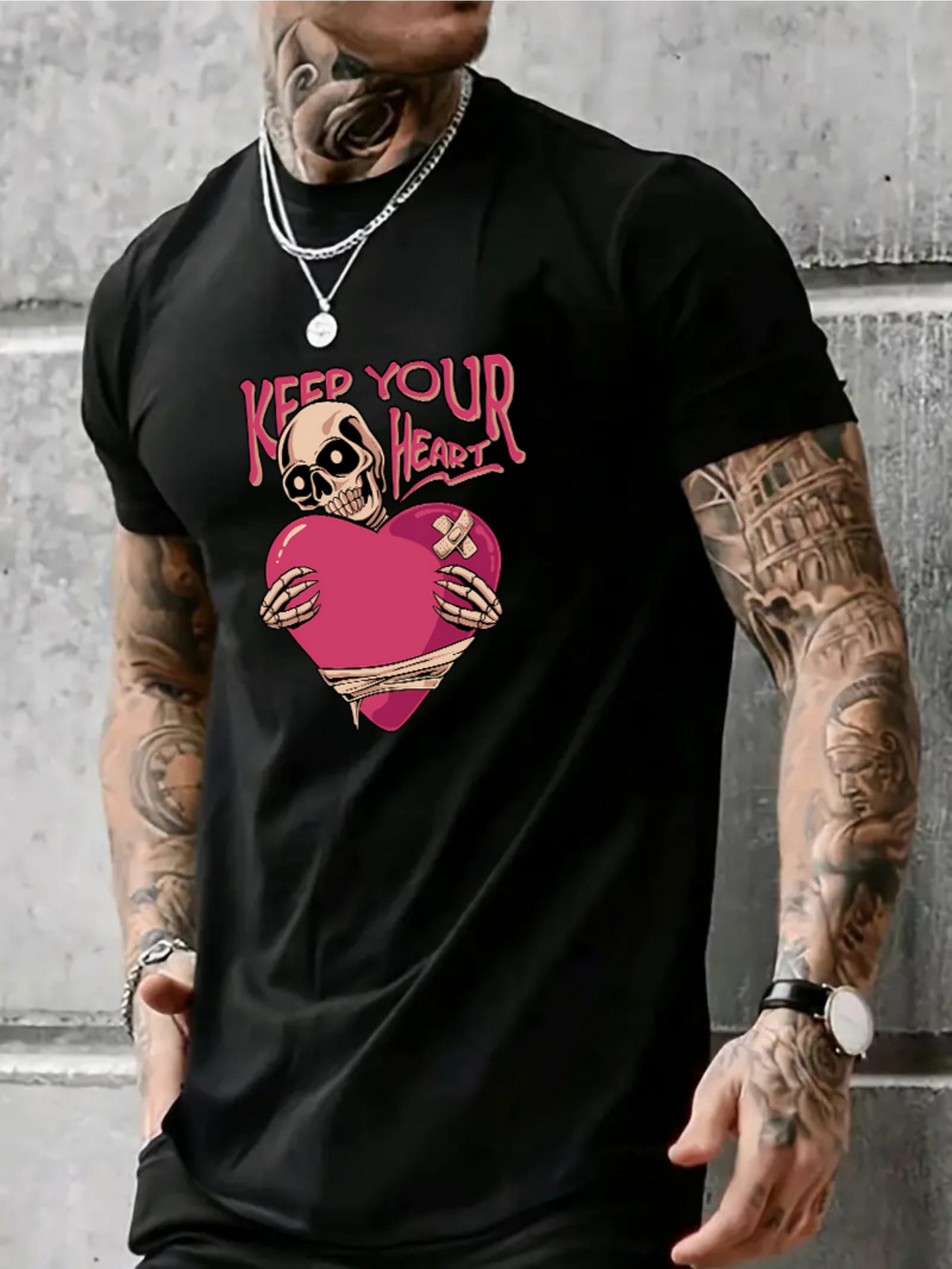 Men's Graphic T-Shirt Keep Your Heart Skeleton With Large Pink Heart Holding