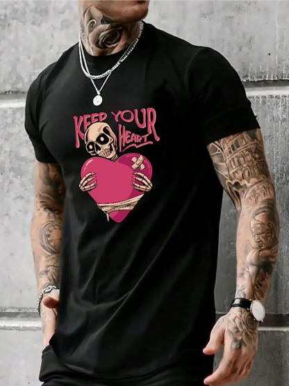Men's Graphic T-Shirt Keep Your Heart Skeleton With Large Pink Heart Holding