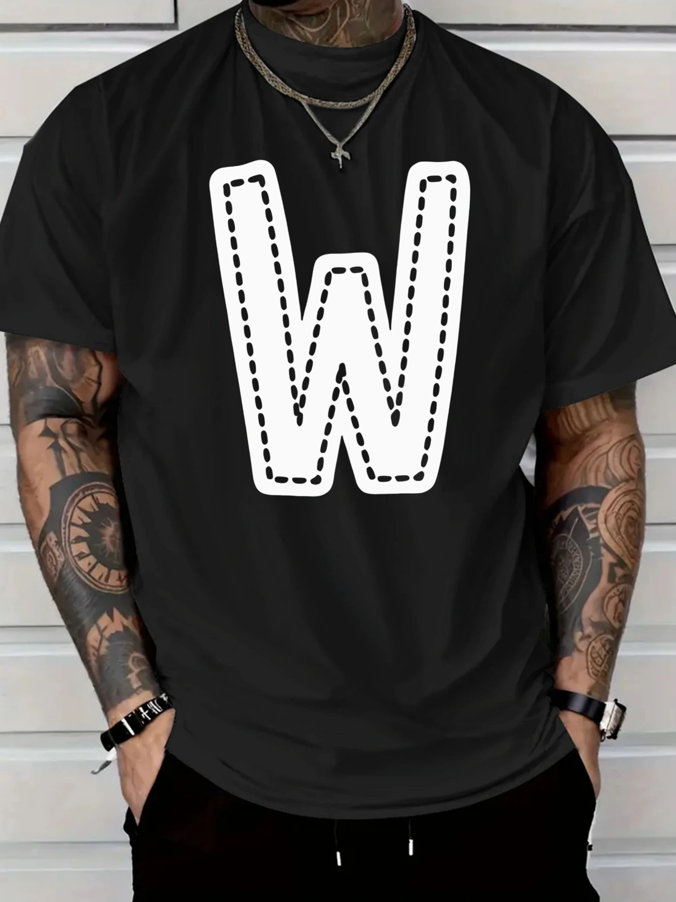 Men's Graphic T-Shirt Outlined Bold Graphic Letter W Centerpiece T Shirt