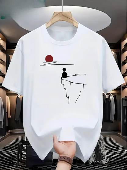 Men's Graphic T-Shirt Minimalist Abstract Sun Over Clifftop Figure Contemplating Horizon