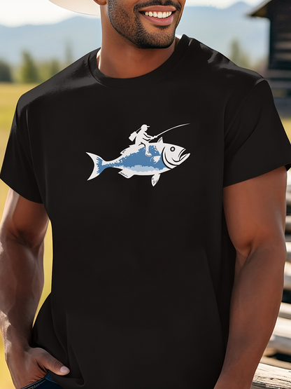 Men's Graphic T-Shirt Playful Adventure With Fisherman Riding On Smiling Blue Fish