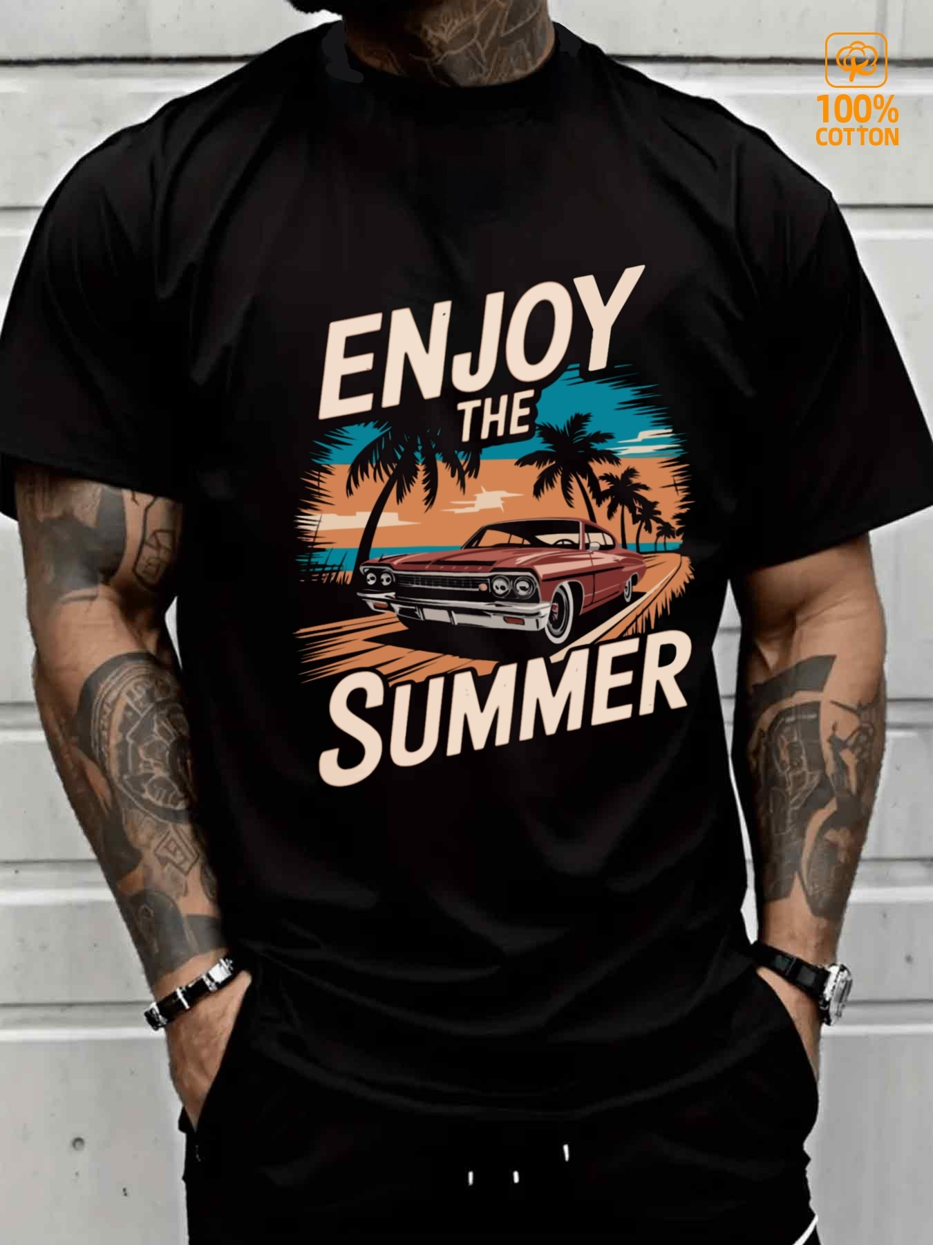 Men's Graphic T-Shirt Enjoy The Summer Vintage Car And Palm Trees With Sunset Beach Scene
