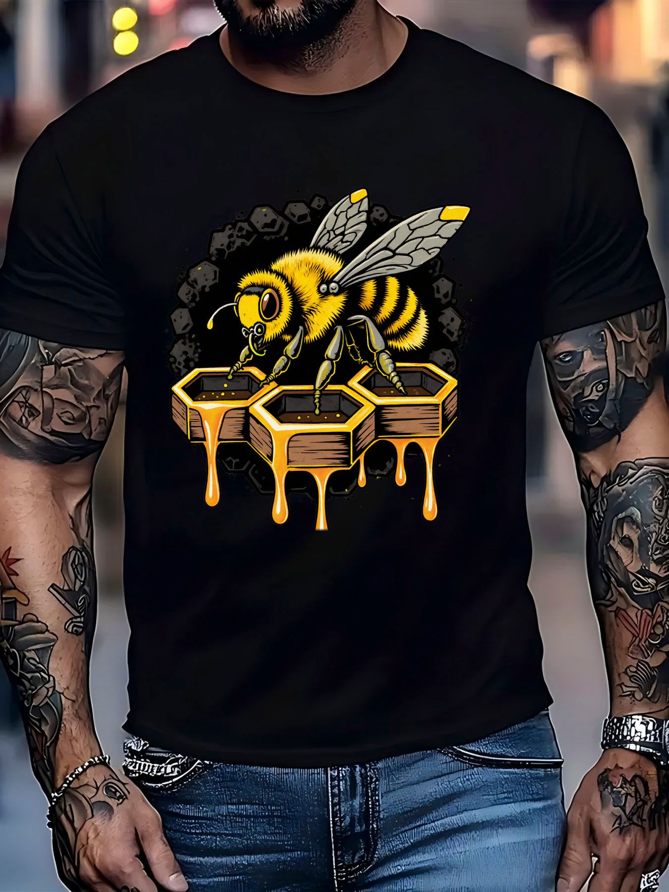 Men's Graphic T-Shirt Golden Honeycomb With Honey Dripping Beneath A Vibrant Yellow Bee
