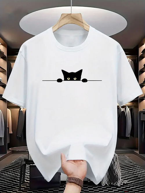 Men's Graphic T-Shirt Curious Black Cat Peeking Over A Simple Minimalist Line Cat