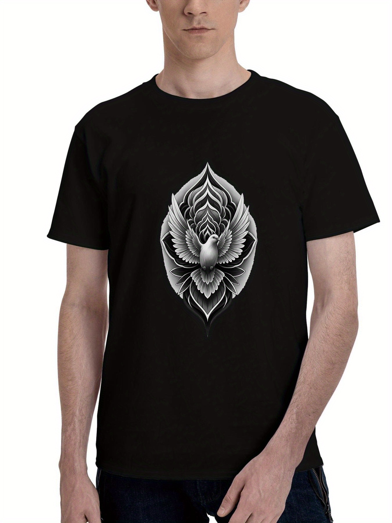 Men's Graphic T-Shirt Geometric Feather Patterns With Monochrome Style Surrounding Majestic Soaring Bird