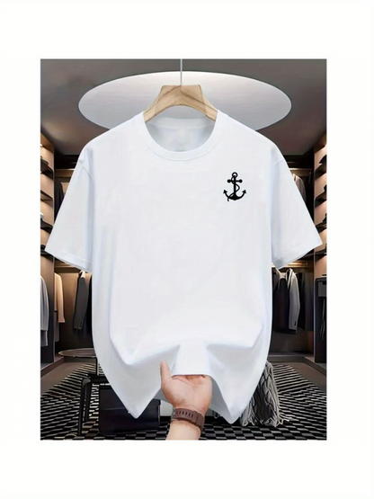 Men's Graphic T-Shirt Minimalist Nautical Symbol With Black Anchor Motif On Chest