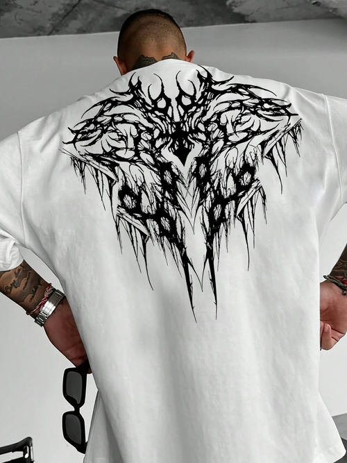 Men's Graphic T-Shirt Abstract Black Tribal Pattern With Spiked Lines On White Fabric Shirt