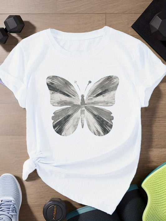 Women's Graphic T-Shirt Ink Washed Strokes Forming A Detailed Graceful Butterfly