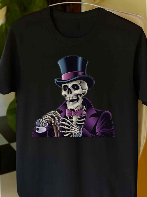 Men's Graphic T-Shirt Elegant Skeleton In Purple Outfit With Top Hat And Cane