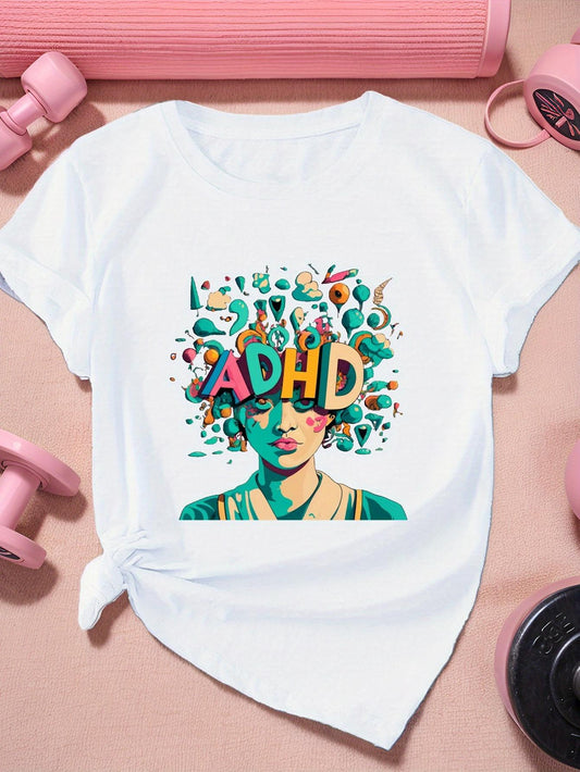 Women's Graphic T-Shirt ADHD Colorful Abstract Elements Swirling Around Artistic Woman Portrait