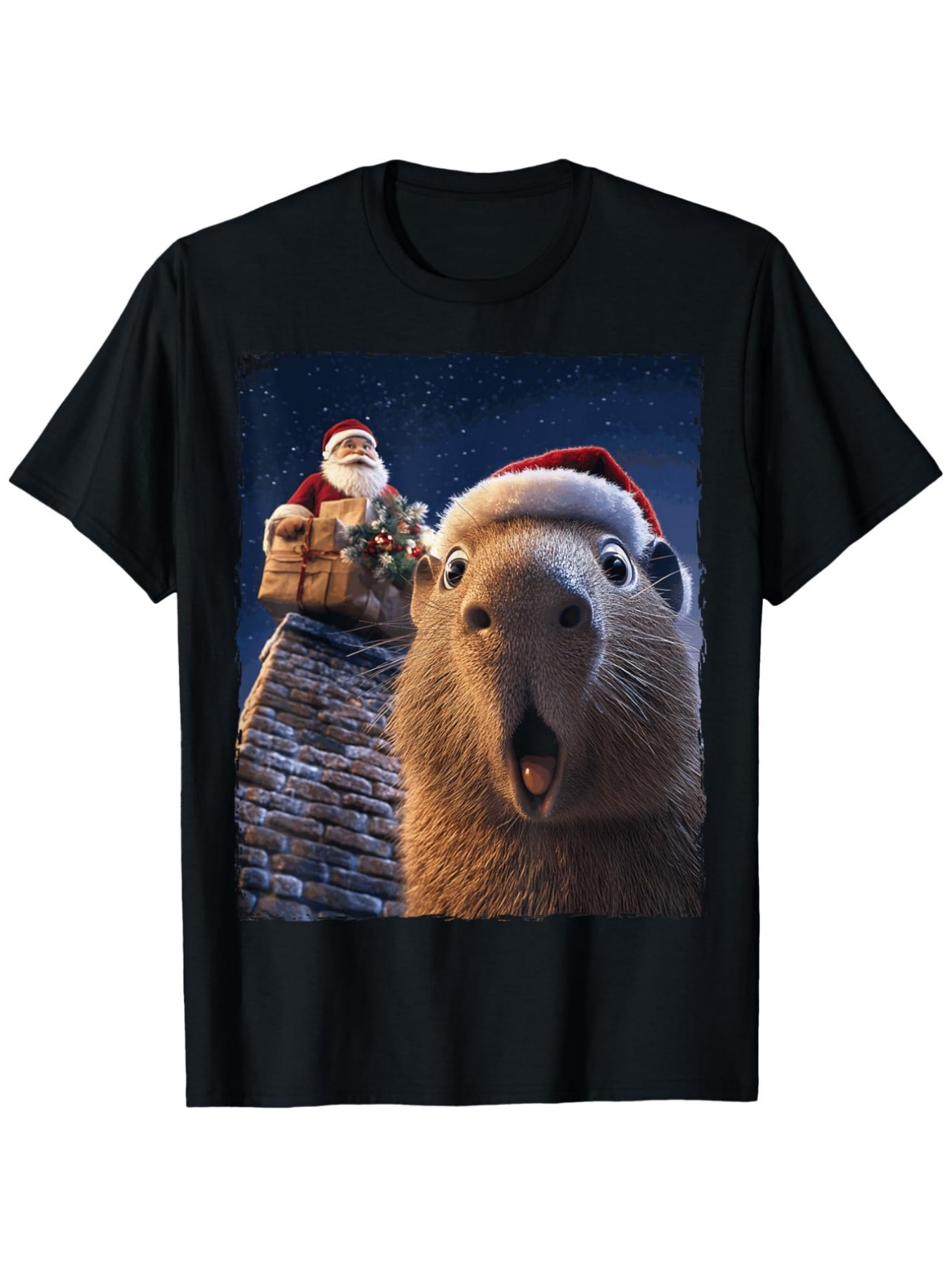 Men's Graphic T-Shirt Festive Capybara Wearing Santa Hat Under A Starry Night Sky