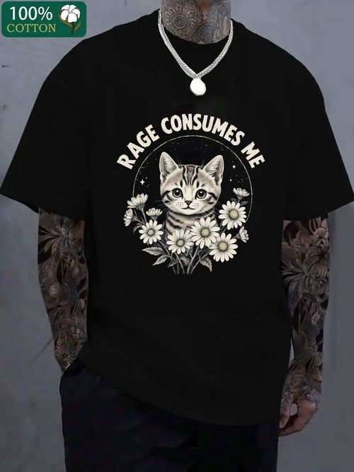 Men's Graphic T-Shirt Rage Consumes Me Surrounded By Daisies Adorable Cat Among Flowers