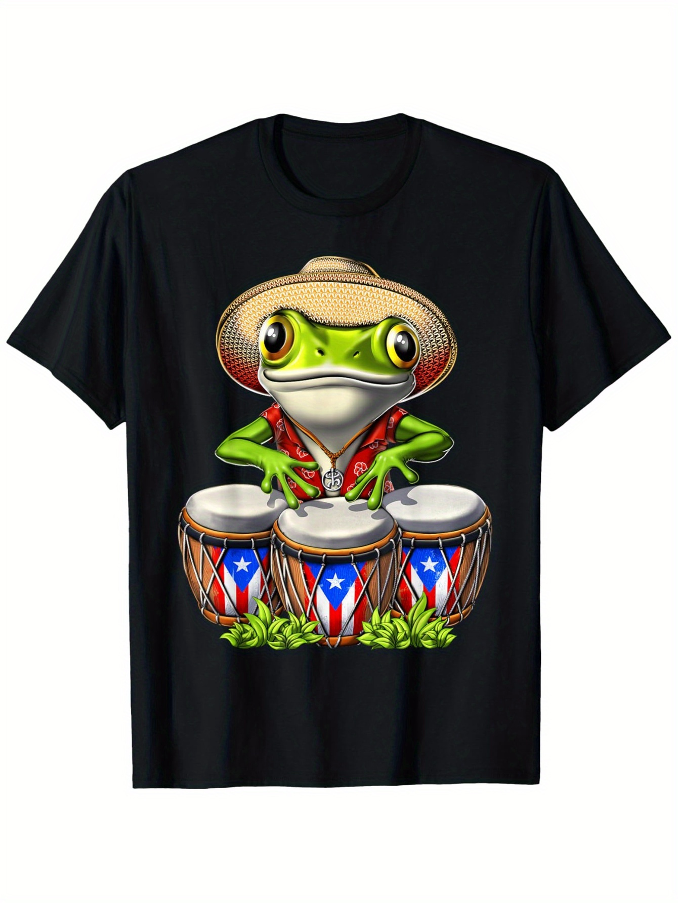 Men's Graphic T-Shirt Playful Green Frog With Conga Drums Wearing Straw Hat